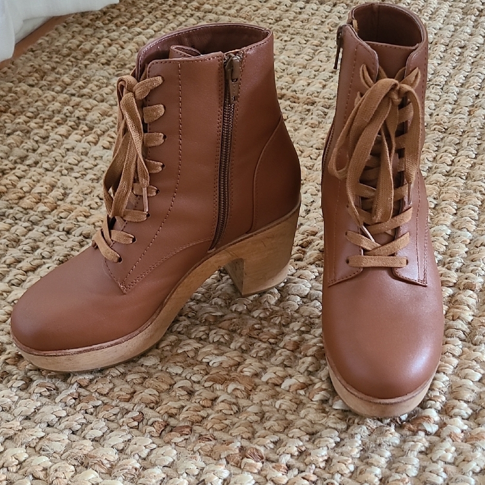 Charlotte Stone Brown Lace Up Boots with Chunky Wood Heel